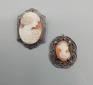 Vintage 1930s Sterling Cameo Brooch and Pendant