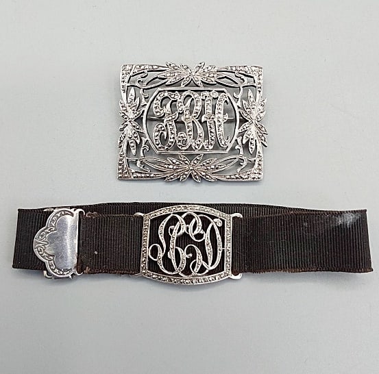 Vintage and Antique Sterling Initial Jewelry: Vintage and Antique Sterling Initial Jewelry. The lot includes vintage and antique sterling initial jewelry. Featuring a late 19th century bracelet consisting of .58'' wide black silk grosgrain ribbon