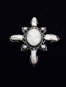 Large Sterling Cameo and Pearl Brooch/Pendant