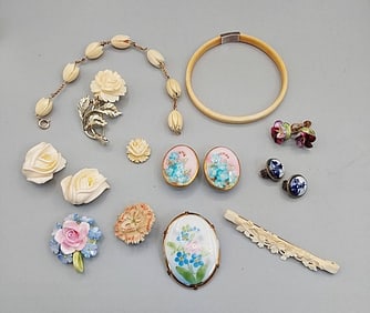 Group of Vintage Carved Bone and Painted Porcelain Jewelry