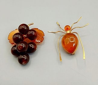Pair of Vintage Gold and Baltic Amber Brooches