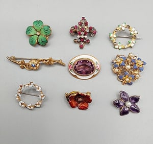 9 Early 20th Century Gold Toned Brooches