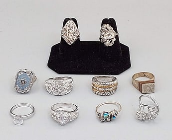 Group of 10 Silver Tone Fashion Rings