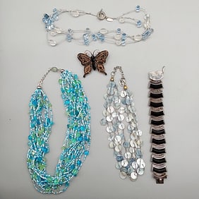 5 Vintage Necklaces, Bracelet, Butterfly Brooch