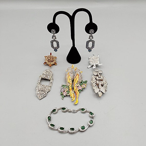 3 Vintage Rhinestone Duets, Pins, more: Group includes 3 vintage duets that are in Brooch form, but will separate. Leaves, 3", unmarked, all stones present. Art Deco, 3", unmarked, all stones present. Birds with enamel, 4", marked with pate