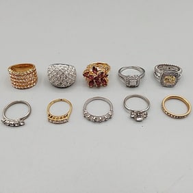 Rhinestone Rings - 1 SIlver and 9 Costume
