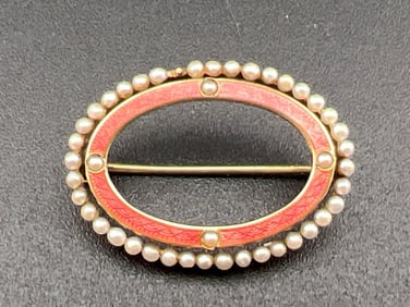 14K, Enamel and Pearl Brooch