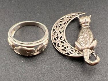 Sterling Cat Brooch and Elephant Ring