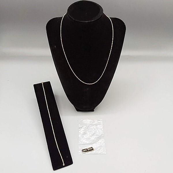 14K Necklace and Bracelet: 17 3/4" marked 14K yellow gold necklace plus a 7.5" 14K yellow gold bracelet. (Total weight 2.1g)If you have any doubt, please ask questions! We will provide extra pictures, or can schedule an in pers