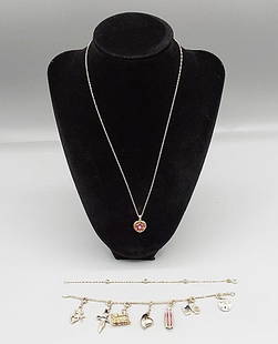3 Pieces of 14K: Lot to include an 18" yellow-gold rope necklace with 3/4" heart shaped pendant with small rubies (Weight with stones 2.65g); A 7" yellow-gold bracelet with gold beads (Weight 1.3g); Lastly, a 6 1/2" y