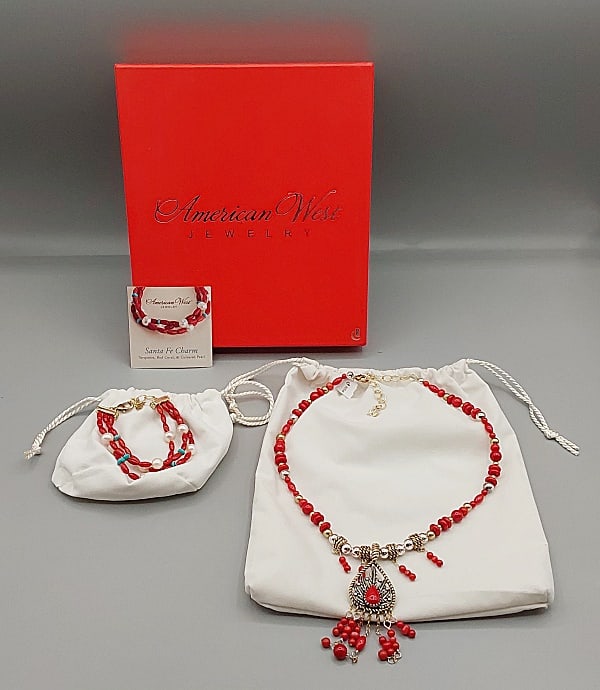 Carolyn Pollack 2-Piece Set: A Carolyn Pollack American West adjustable 20" necklace with a sterling silver, brass and coral, with a matching brass, coral, turquoise and cultured pearl 3-strand adjustable 7 3/4" bracelet - comes 