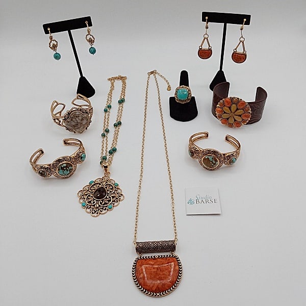 Studio Barse Jewelry: Seven pieces of Studio Barse pieces of jewelry to include: 2 matching cuff bracelets - gold tone with turquoise cabochons (each 2 1/2" across); a gold-tone ring with turquoise cabochon (size 5 1/2, co