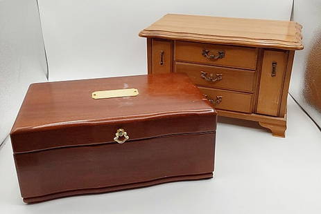 Two Wood Jewelry Boxes: A wooden jewelry box Styled by Mele with 3 draws and two pull down compartments (11 1/2" long, 6 1/2" wide, 7 1/2" tall) and a wooden jewelry box with an insert tray (11" long, 7" wide, 4 1/2" tall -