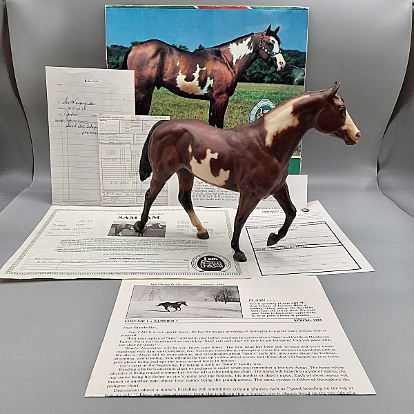 Breyer 1984 JAH Sam I Am Stock Horse Stallion: Breyer 1984 JAH Sam I Am Stock Horse Stallion. Traditional Breyer horse in original dark bay overo paint finish in the Stock Horse Stallion mold, comes with all of the original paperwork including Cer