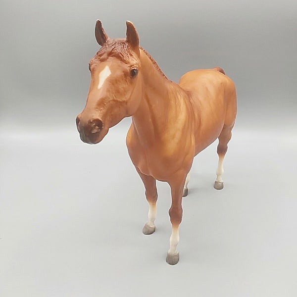 Breyer 1987 JAH Trakehner #54CH: Breyer 1987 JAH Trakehner #54CH. Traditional Breyer horse in original chestnut finish with white socks and a star, Just About Horses Special Run limited to 1500 pieces, hand signed on belly - 0242, in