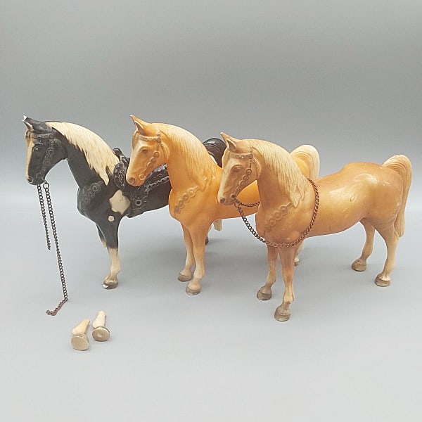 3 Breyer Western Ponies #41 #43: 3 Breyer Western Ponies #41 #43. Three traditional Breyer horses in their original finishes. Include a black and white overo paint with original black saddle in poor condition with two broken legs, ch