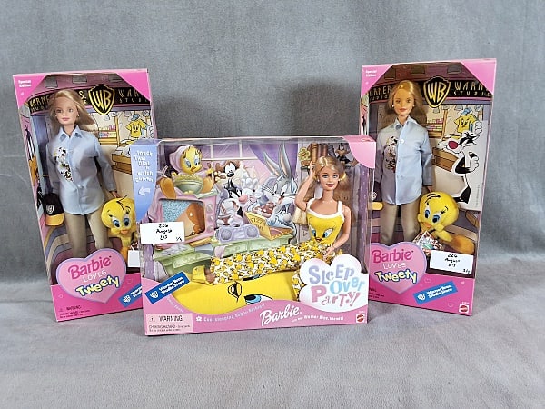 3 Tweety Bird Barbies: 3 Tweety Bird Barbies. There are 3 Barbies that are with Tweety Bird with two of them being Barbie Loves Tweety and one being Sleepover Party Barbie with the three of them being associated with Warner