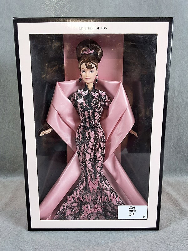 Limited Edition Hanae Mori Barbie: Limited Edition Hanae Mori Barbie. This is a c1999 limited edition Hanae Mori Barbie who is wearing a design from Madame Hanae Mori's Haute Couture collection. Barbie is wearing a pink crepe evening d