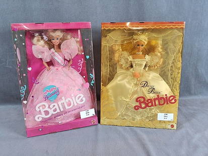 Dream Bride and Happy Birthday Barbies: Dream Bride and Happy Birthday Barbies. There are 2 dolls which are included in this set with one being c1991 Dream Bride Barbie and the other being c1990 Happy Birthday Barbie. Dream Bride Barbie wea