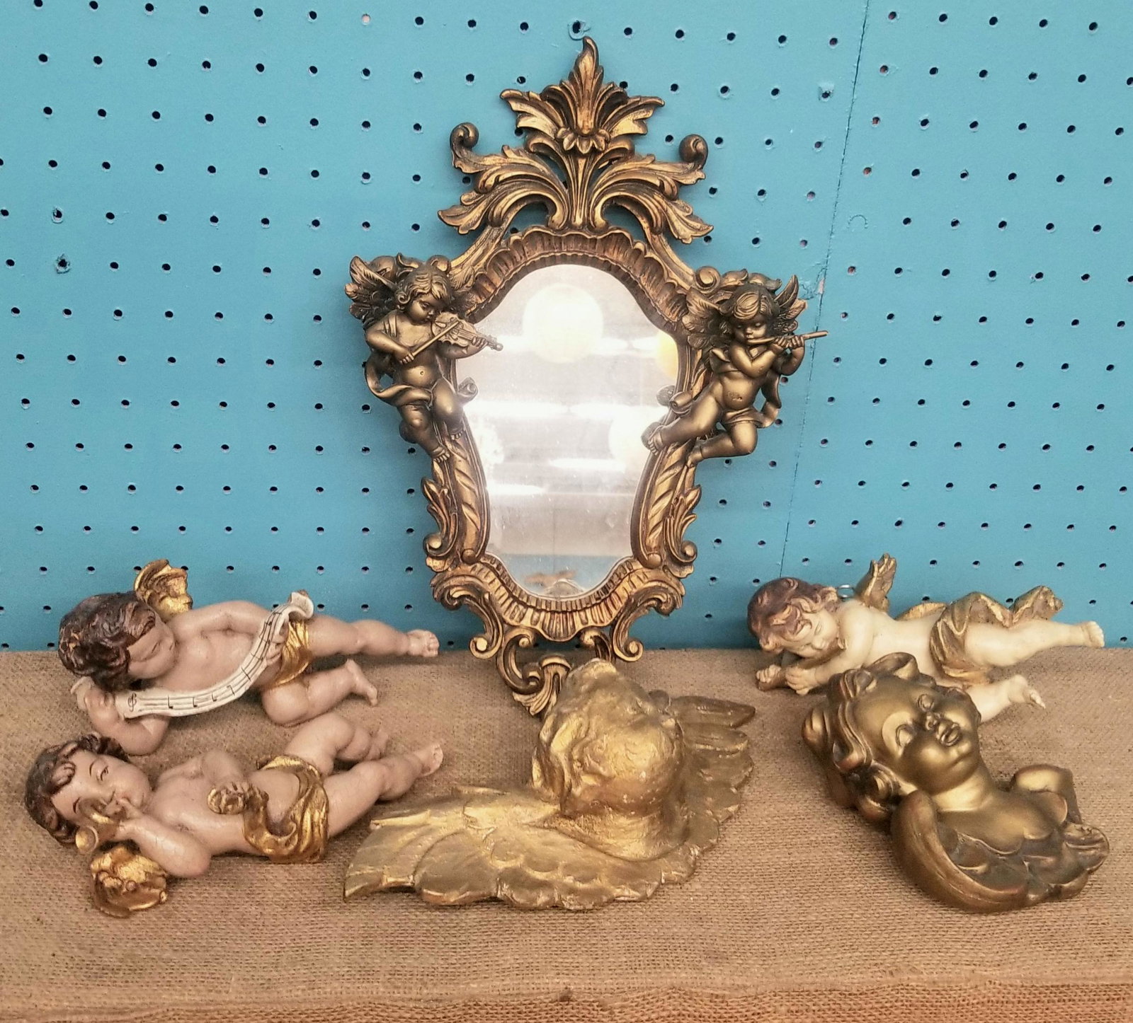 Lot of 6 Antique Putti + Cherub Figures and Mirror: Lot of 6 Antique Putti + Cherub Figures and Mirror, Original Polychrome Painted Finish, Mirror 14" by 9" Cherubs 7"