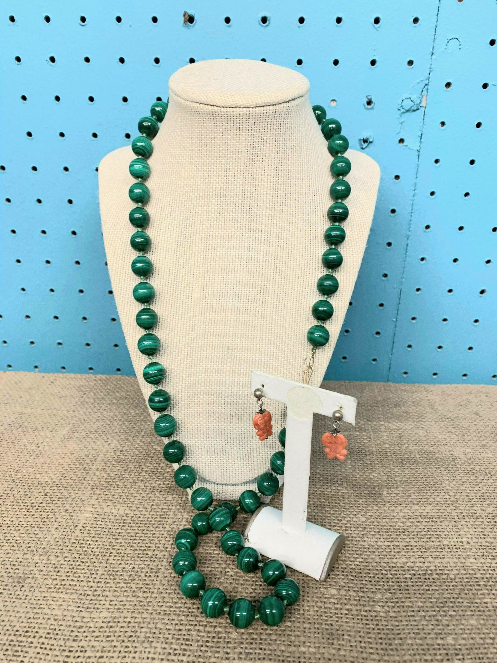 Elegant Genuine Large Beaded Malachite Necklace with: Elegant Genuine Large Beaded Malachite Necklace, 30" with Victorian Sterling Silver Hand Carved Coral Earrings