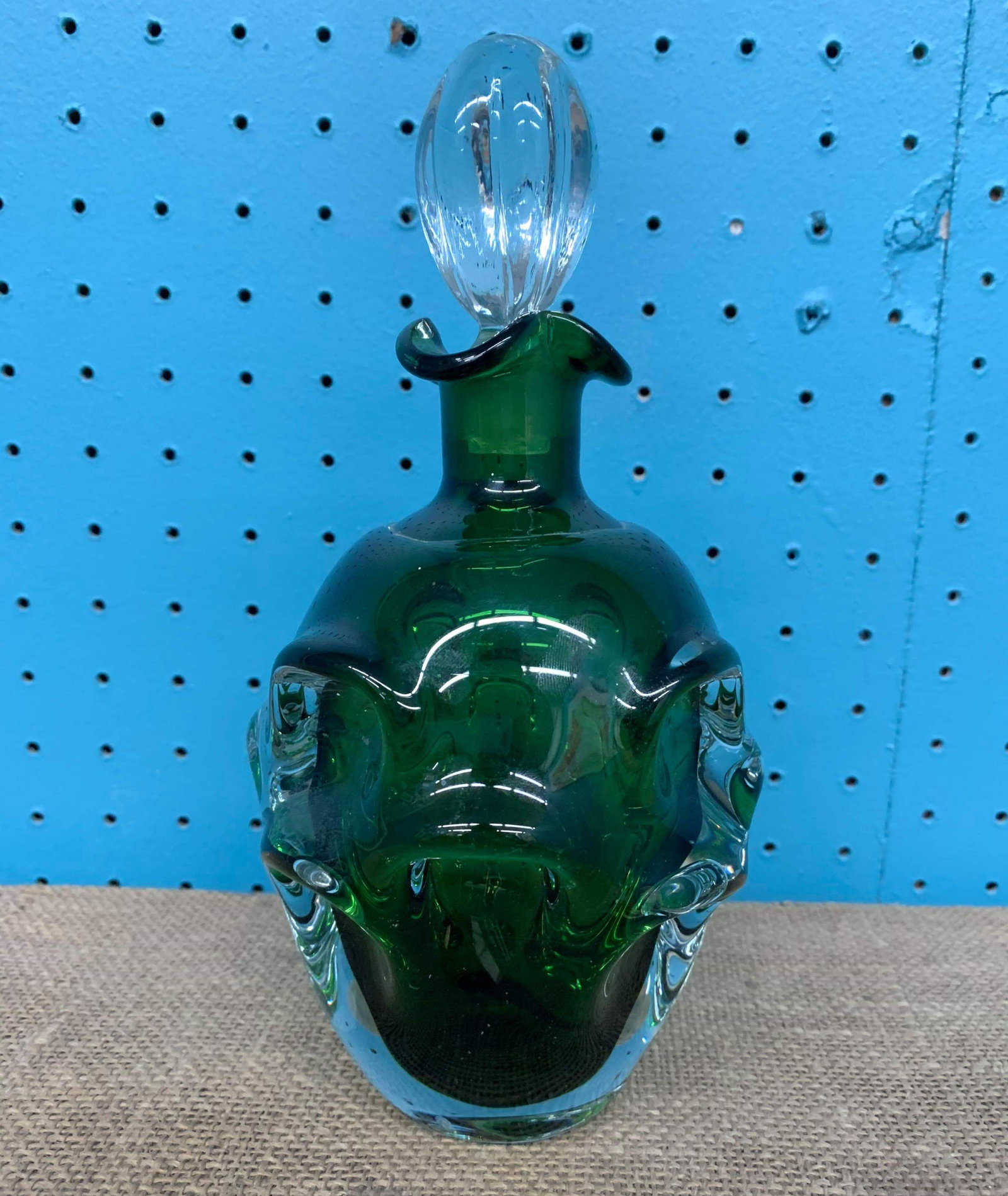 Mid-Century Heavy, Hand Blown Decanter with Stopper: Mid-Century Heavy, Hand Blown Decanter with Stopper, green and clear glass, orrefors? 9.5" by 5"