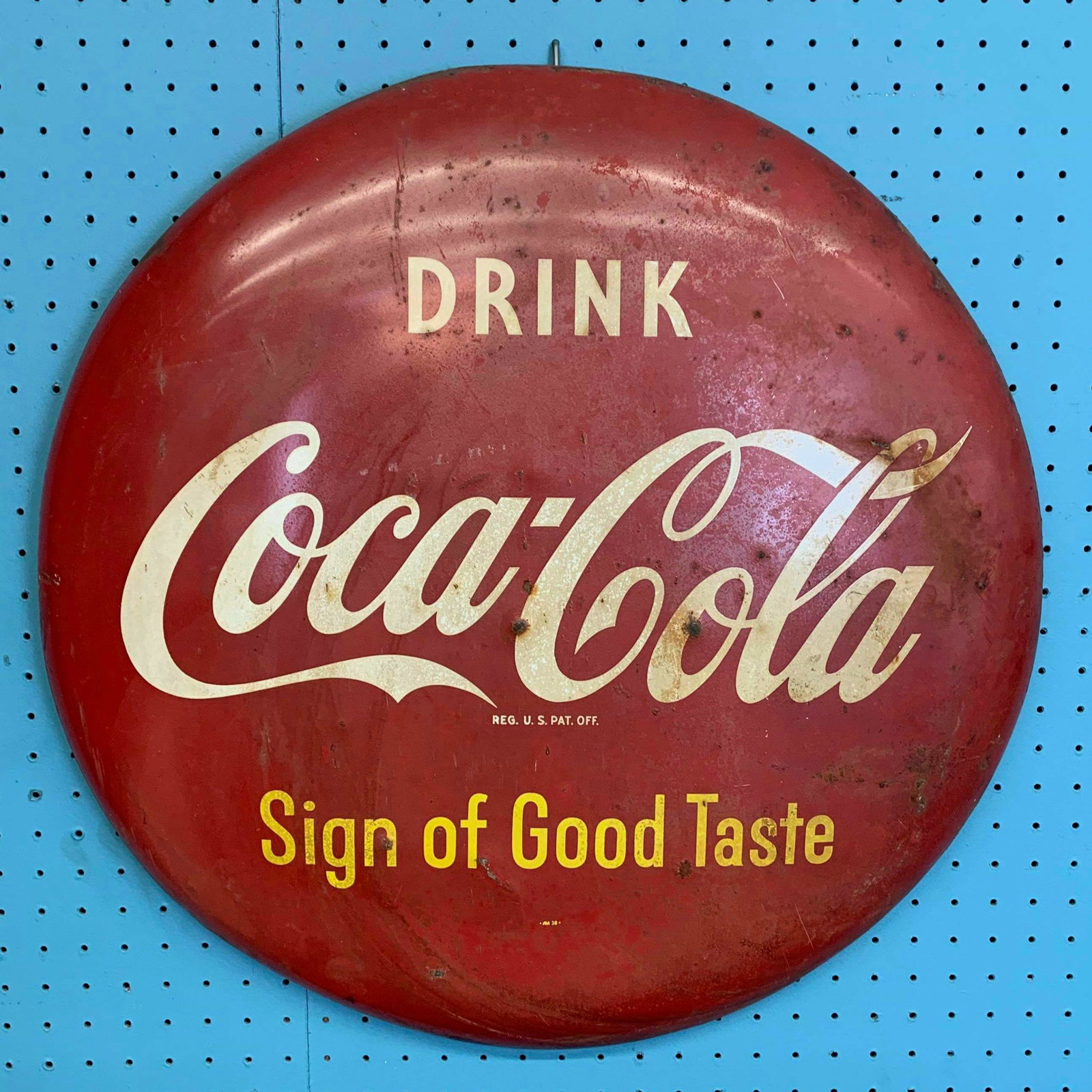 Antique 1940s - 50s Original Coke Button Enamel Sign: Antique 1940s - 50s Original Coke Button Enamel Sign, as found, estate fresh, from a 92 year old man who owned them since they were new. 24" Diameter