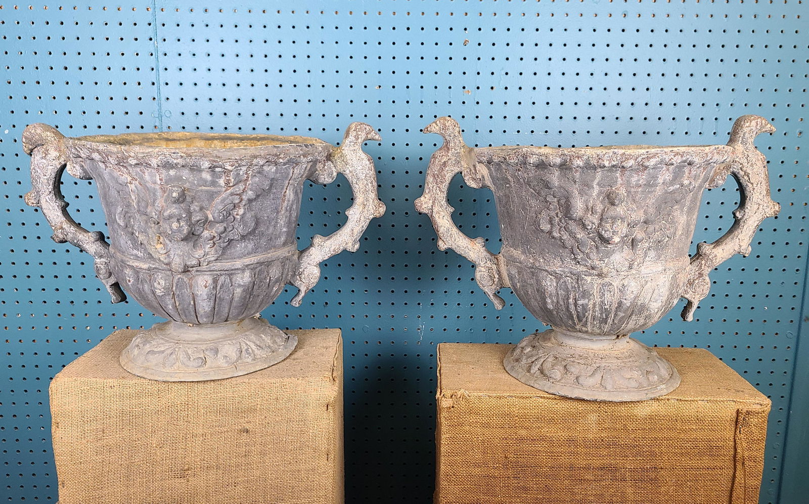 RARE Pair of 18th C Lead Garden Urns (1 of 13)