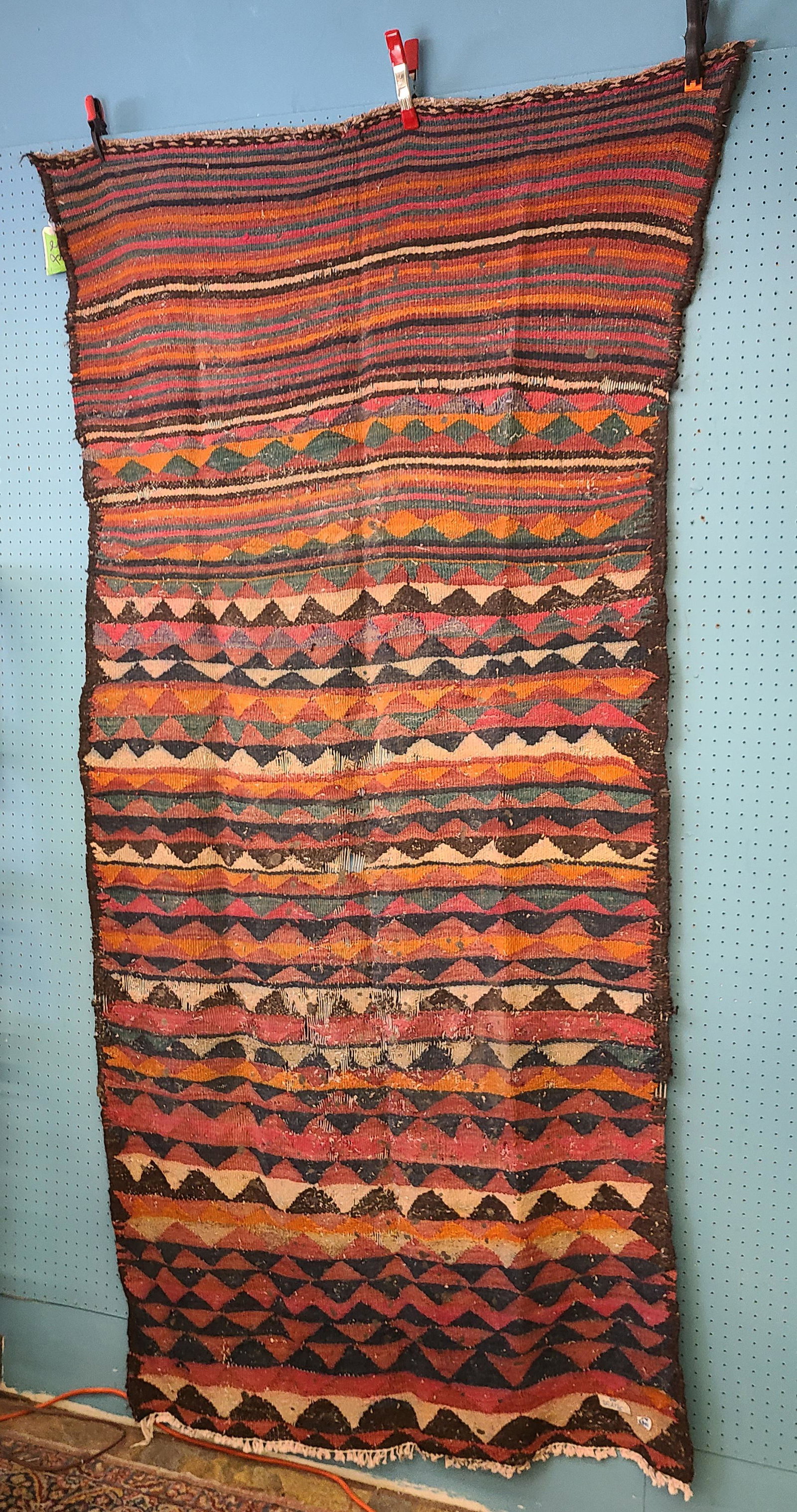 Antique Turkish Hand Woven Carpet: Antique Turkish Hand Woven Carpet, Unusual Pattern, may have been a camel blanket, 8' 5" by 4' 6"