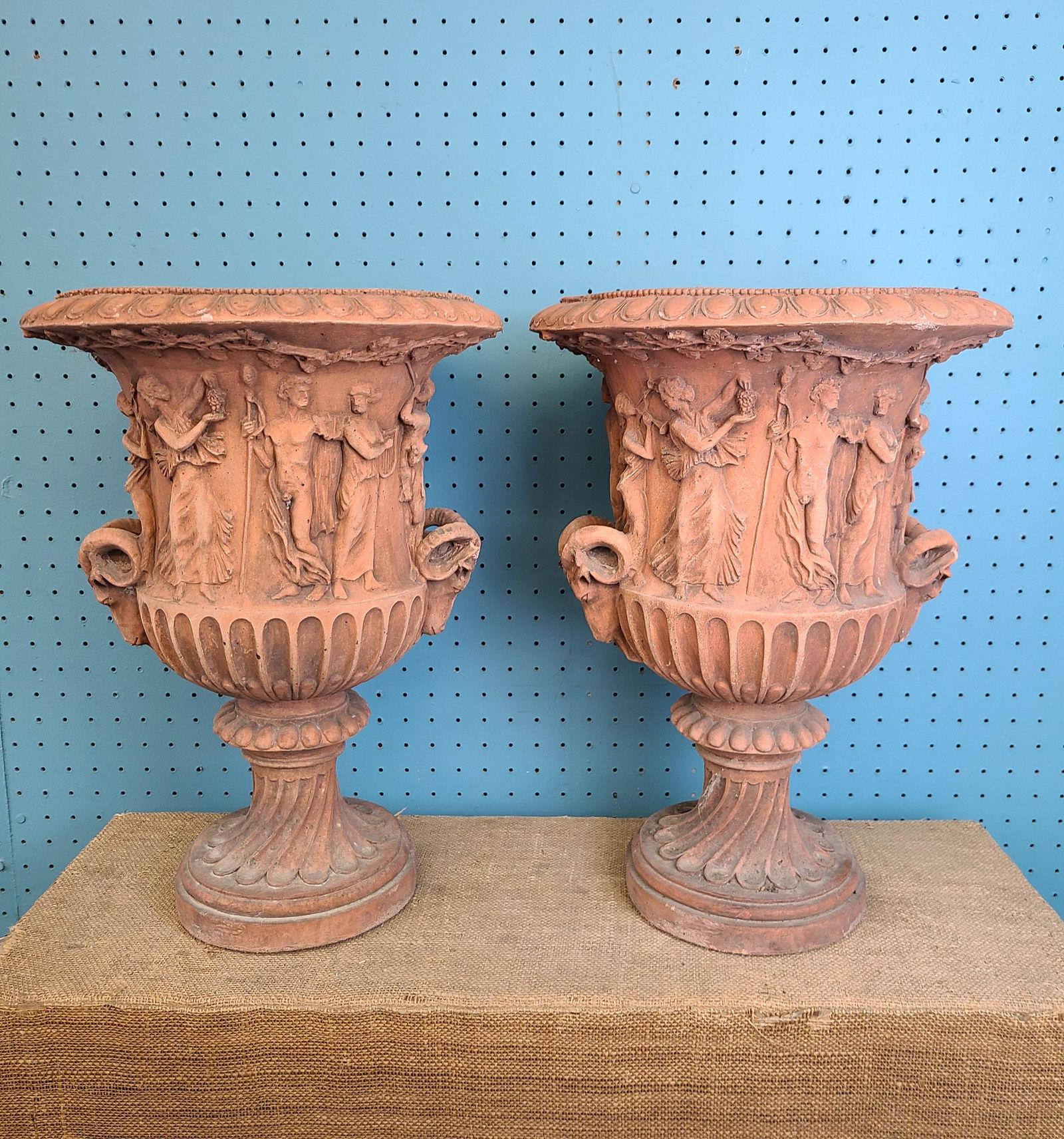 Pair of Greek Motif Terra Cotta Urns (1 of 7)