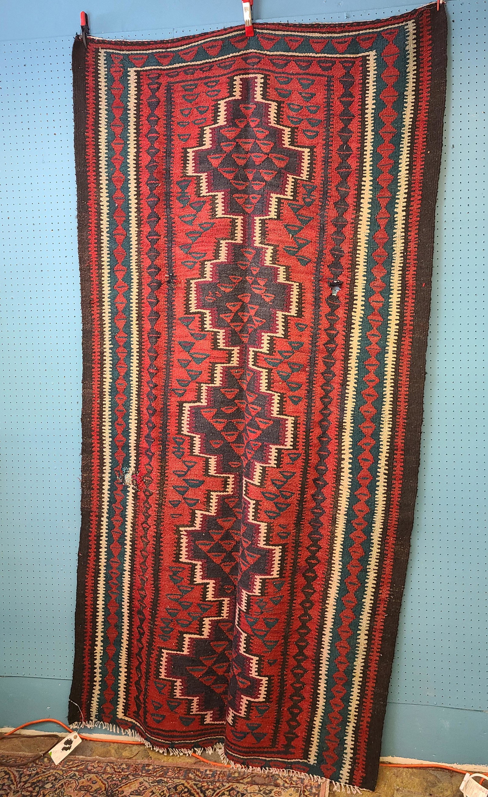 Antique Turkish Hand Woven Carpet: Antique Turkish Hand Woven Carpet, Navajo Pattern, Subtle Dark Tones, 8' 8" by 4' 7"