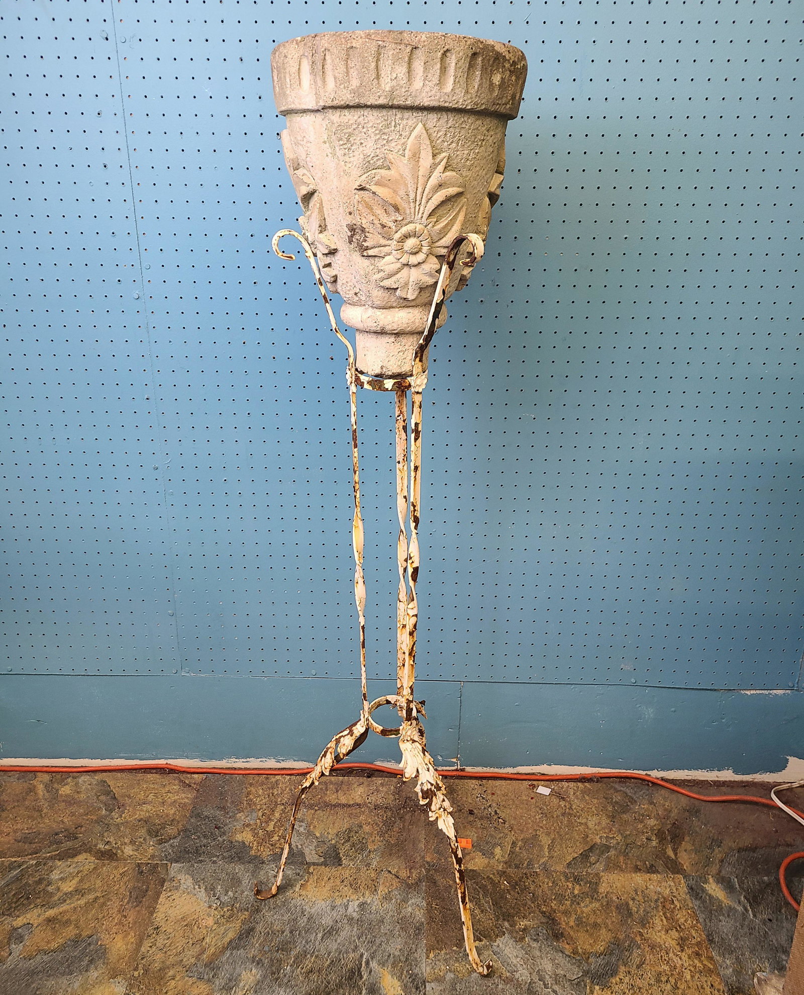 Antique Wrought Iron & Cast Cement Architectural: Antique Wrought Iron & Cast Cement Architectural Planter, 12" by 12" by 51.5"