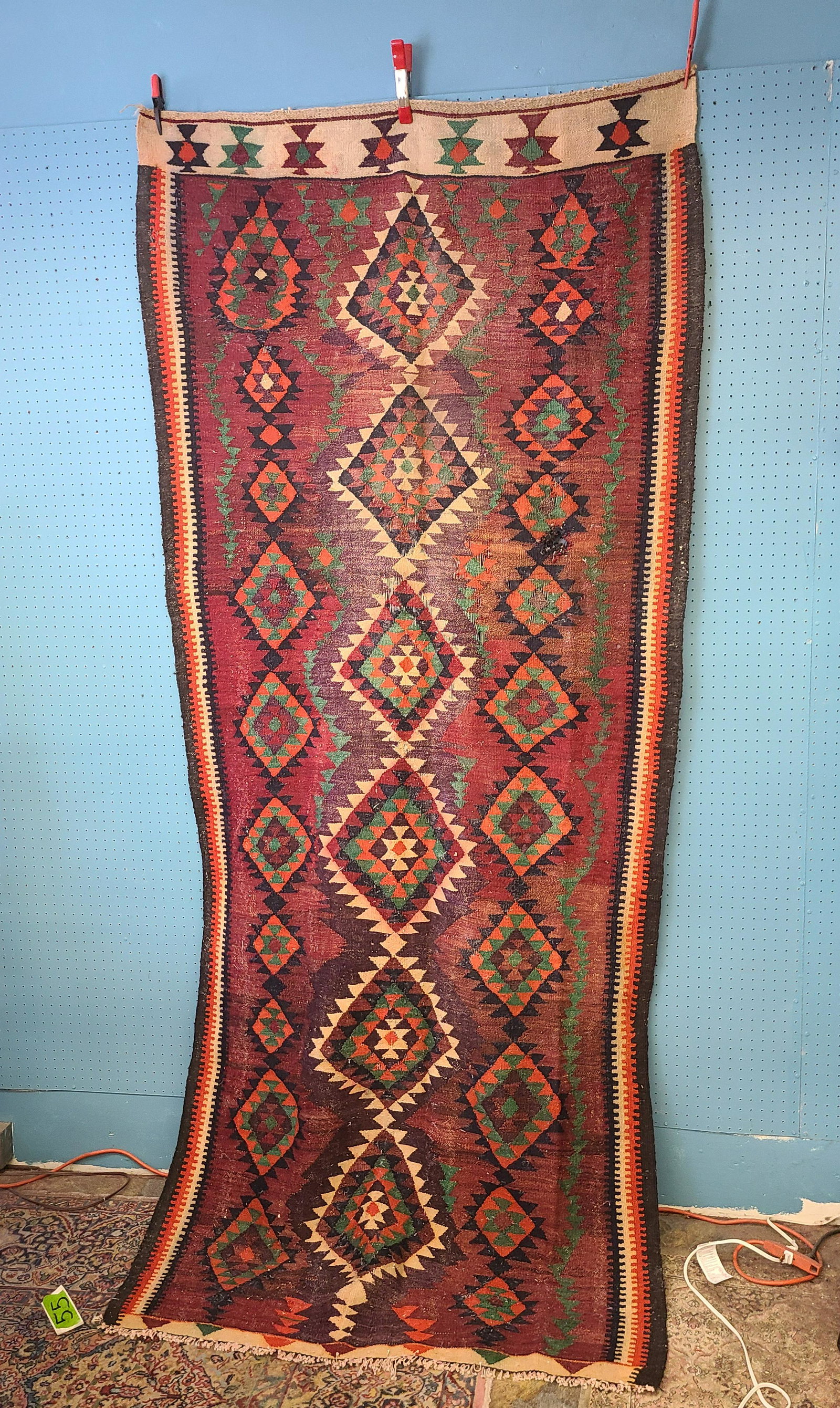 Antique Turkish Hand Woven Carpet: Antique Turkish Hand Woven Carpet, Navajo Pattern, with some wear and tear, 9' 10" by 4' 3"