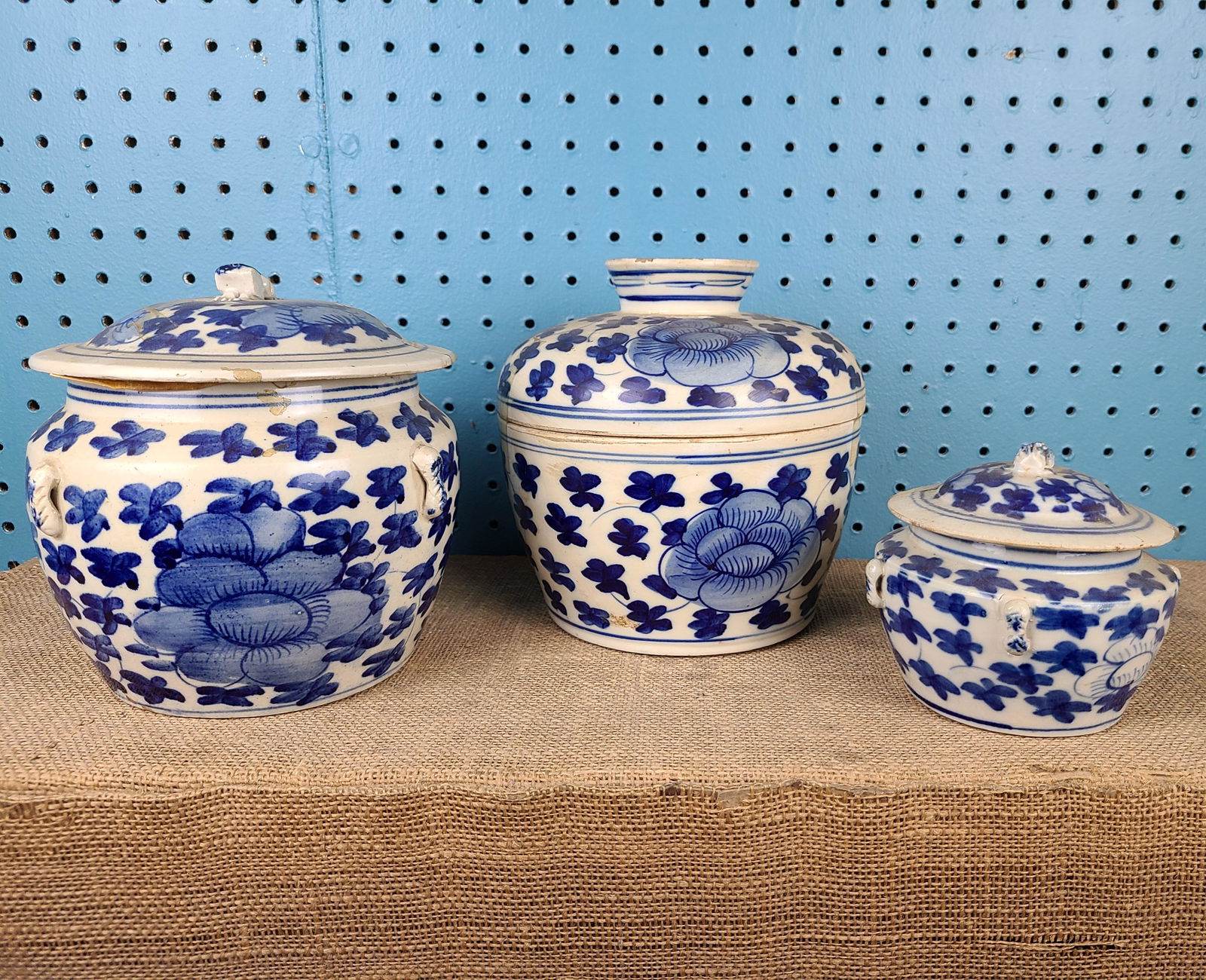 MING Dynasty Chinese Covered Ginger Jars: MING Dynasty Chinese Covered Ginger Jars, and other early blue and white canton, as found, with stress, cracks, repairs.