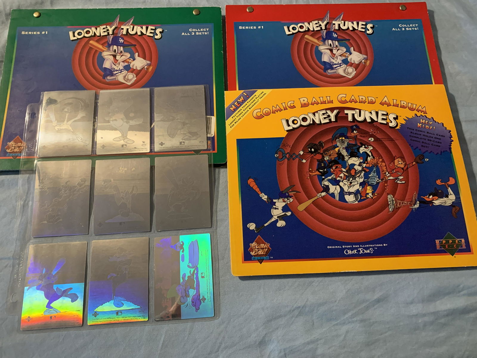 1990 Looney Tunes Upper Deck Card Albums + Holograms: 3 Albums plus Holograms 1990 Looney Tunes Comic Ball MLB Baseball Card Set Series #1 1 to 594 plus set of 9 Holograms Upper Deck
