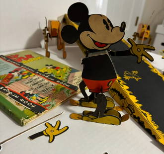 COMPLETE 100% ORIG MICKEY MOUSE 1934 DISNEY WADDLE: COMPLETE 100% ORIG MICKEY MOUSE 1934 DISNEY WADDLE BOOK W/4 WADDLES, BOOK, RAMP, DJ Less than 20 known complete examples exist. 1934 all Original Blue Ribbon Mickey Mouse Waddle Book.