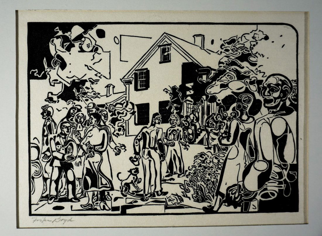 Fiske Boyd 1942 "Visitors II" Signed & Numbered Woodcut: Signed & Numbered Fiske Boyd 1942 "Visitors II" Woodcut[Mat Size 14 H X 19 W inches], (Print Size 9 H X 10.5 W inches), [Mat opening 7 H X 9.5 W], Artist Fiske Boyd (1895-1974), primarily known as a b