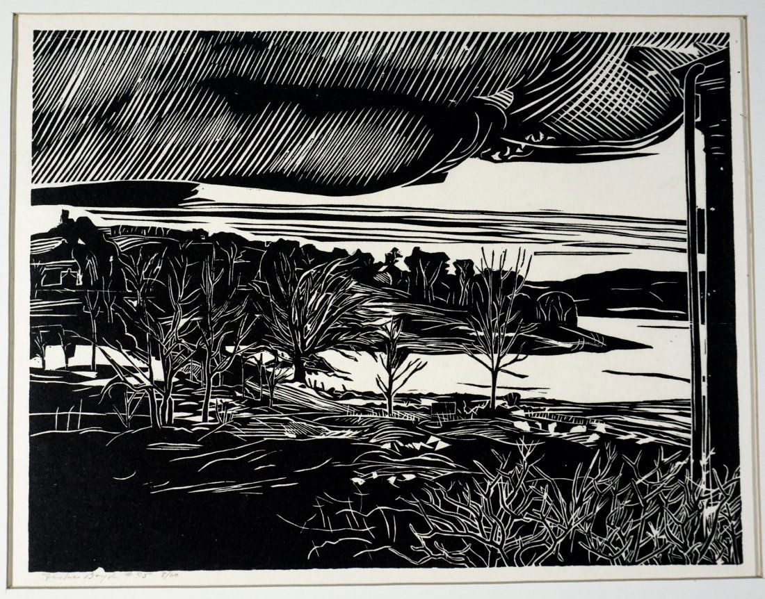Fiske Boyd 1930 "The Lake" Signed & Numbered Woodcut: Signed & Numbered Fiske Boyd "The Lake" 1930 Woodcut[Mat Size 14 H X 18.5 W inches], (Print Size 10.5 H X 13.25 W inches), [Mat opening 9 H X 11.75 W], Artist Fiske Boyd (1895-1974), primarily known a