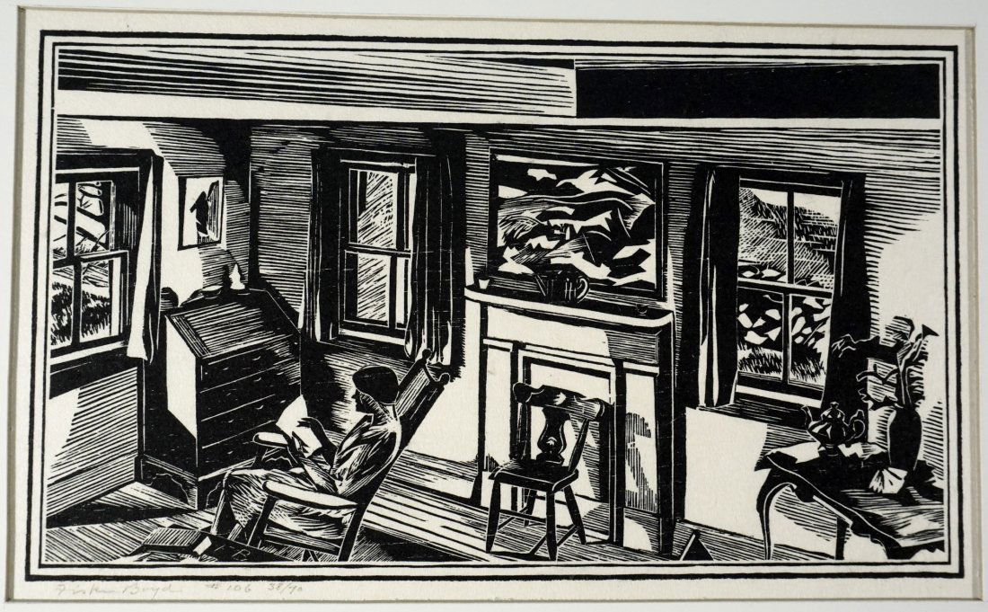 Fiske Boyd "Interior" 1930 Signed & Numbered Woodcut: Signed & Numbered Fiske Boyd " interior" Woodcut 1930, [Mat Size 14 H X 20 W inches], (Print Size 10.25 H X 13 W inches), [Mat opening 6.5 H X 10.75 W inches],Artist Fiske Boyd (1895-1974), primarily