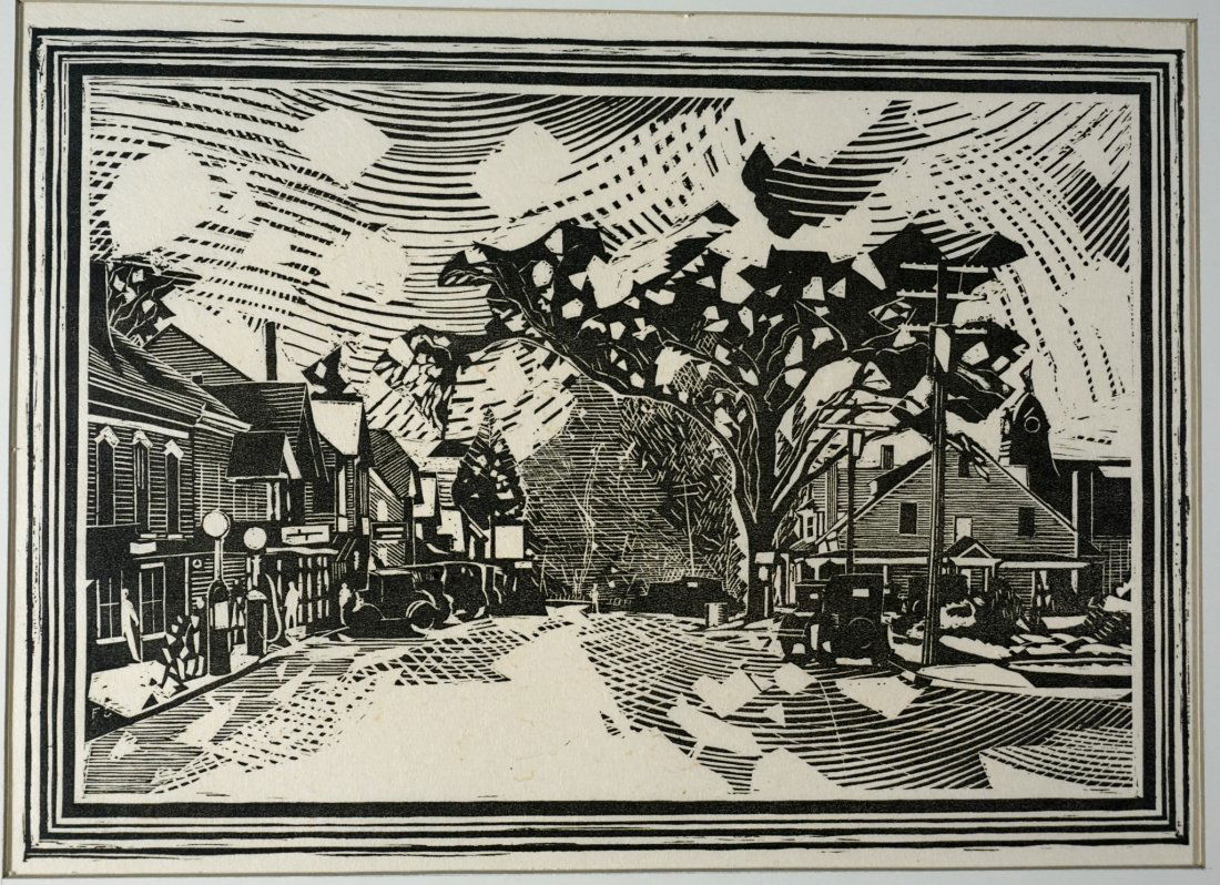 Fiske Boyd "Washingtonville" 1928: Fiske Boyd "Washingtonville" Woodcut 1928,[Mat Size 14 H X 19 W inches], (Print Size 12.5 H X 16 W inches), [Mat opening 9.25 H X 12.75 W inches], Artist Fiske Boyd (1895-1974), primarily known as a b