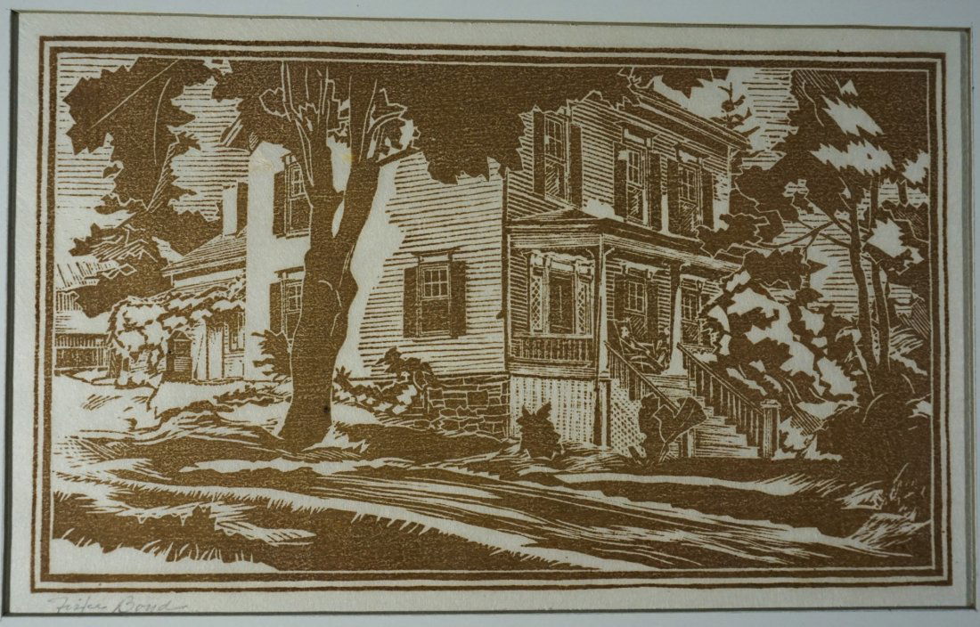 Fiske Boyd "Gerow's House" 1930 Signed & Numbered: Signed & Numbered Fiske Boyd "Gerow's House" Colored light brown Woodcut, [Mat Size 14 H X 19 W inches], (Print Size 10 H X 14.50 W inches), [Mat opening 6.75 H X 11 W inches], Artist Fiske Boyd (1895