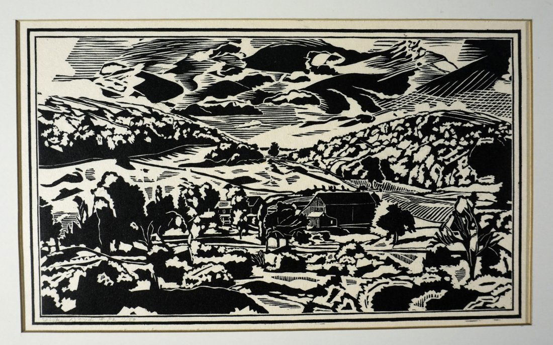 Fiske Boyd "Courter's Farm" 1929 Signed & Numbered: Signed & Numbered Fiske Boyd "Courter's Farm" Woodcut 1929, [Mat Size 14 H X 20 W inches], (Print Size 9.5 H X 13.25 W inches), [Mat opening 6.5 H X 10.25 W inches], Artist Fiske Boyd (1895-1974), pri