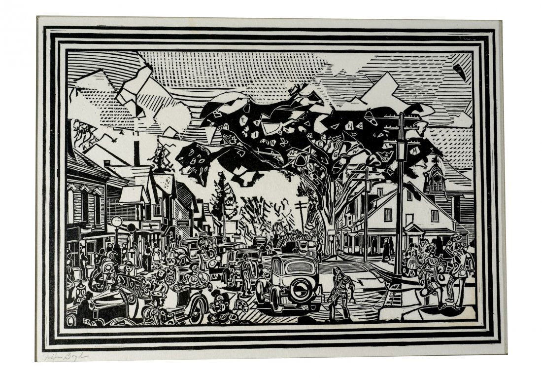 Fiske Boyd "Washingtonville Re-visited" 1944 Signed: Signed & Numbered Fiske Boyd "Washingtonville Re-visited" 1944, Woodcut[Mat Size 14 H X 20 W inches], (Print Size 10.5 H X 14.5 W inches), [Mat opening 9.5 H X 12.75 W inches], Artist Fiske Boyd (1895