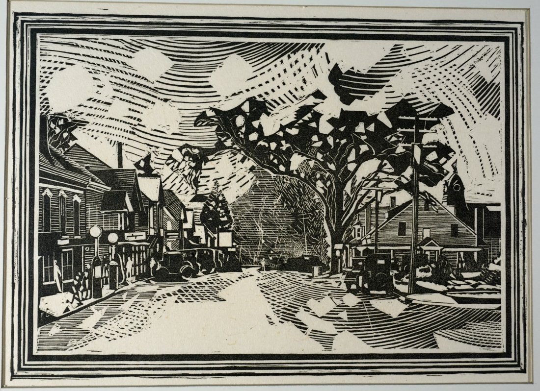 Fiske Boyd "Washingtonville" Woodcut 1928: Fiske Boyd "Washingtonville" Woodcut 1928 Artist Fiske Boyd (1895-1974), primarily known as a block printer (woodcuts) and paintings. Boyd studied at the Pennsylvania Academy of Fine Arts and at the A