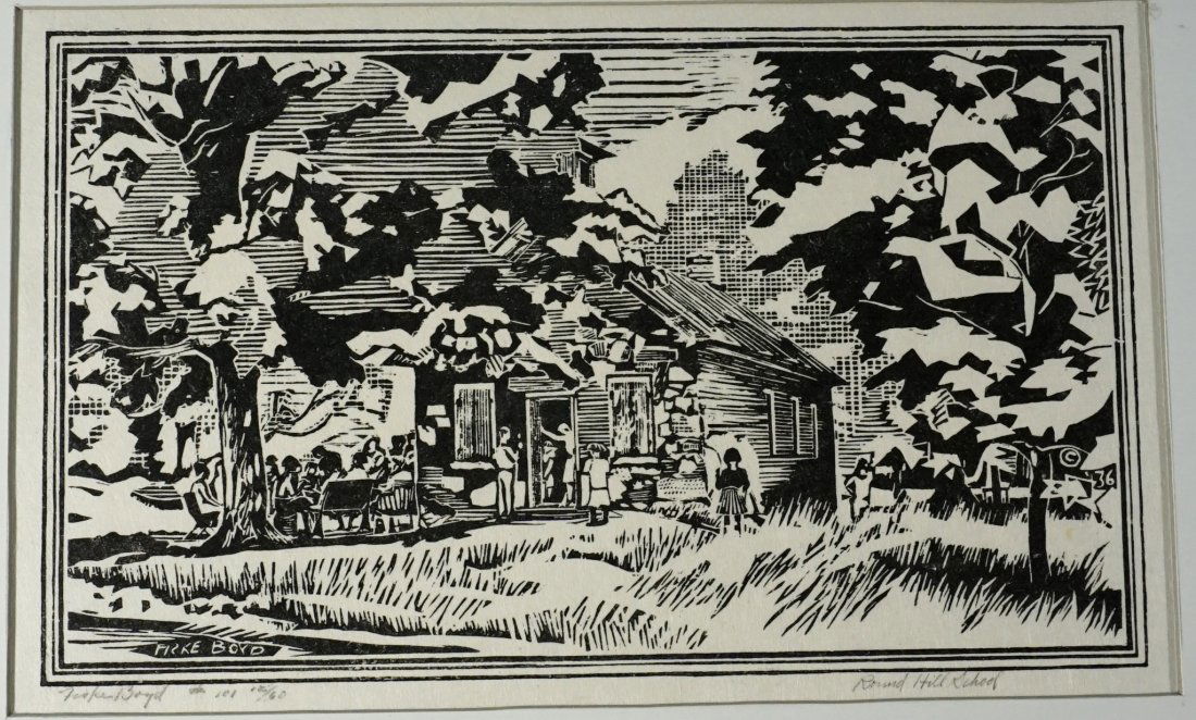 Fiske Boyd "Round Hill School" 1930: Signed & Numbered Fiske Boyd "Round Hill School" 1930 Woodcut [Mat Size 14 H X 20 W inches] (Print Size 7.5 H X 11.5 W inches) [Mat opening 6.75 H X 11 W inches] Artist Fiske Boyd (1895-1974), primari