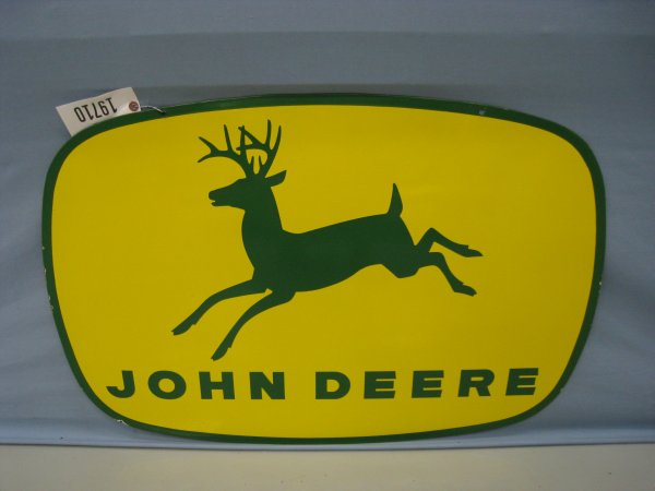 John Deere 4 Legged Logo Sign: John Deere 4 legged, porcelain, two sided sign solid green on outside edge, oval shape 24"x 36"European Hard to find