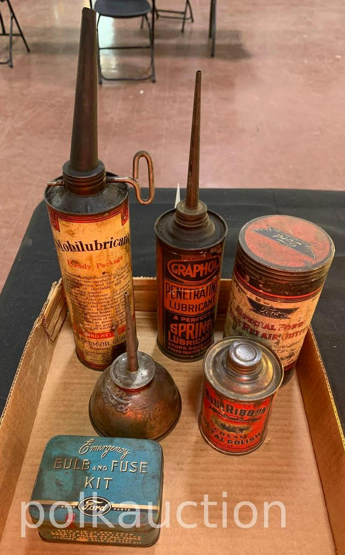 Lot of Cans and Oilers: Lot of Cans and Oilers - Ford Oiler, Handy Package, Graphol Graphite Can, Ford Tire Repair Can, Blue Ribbon Cream Polish Can