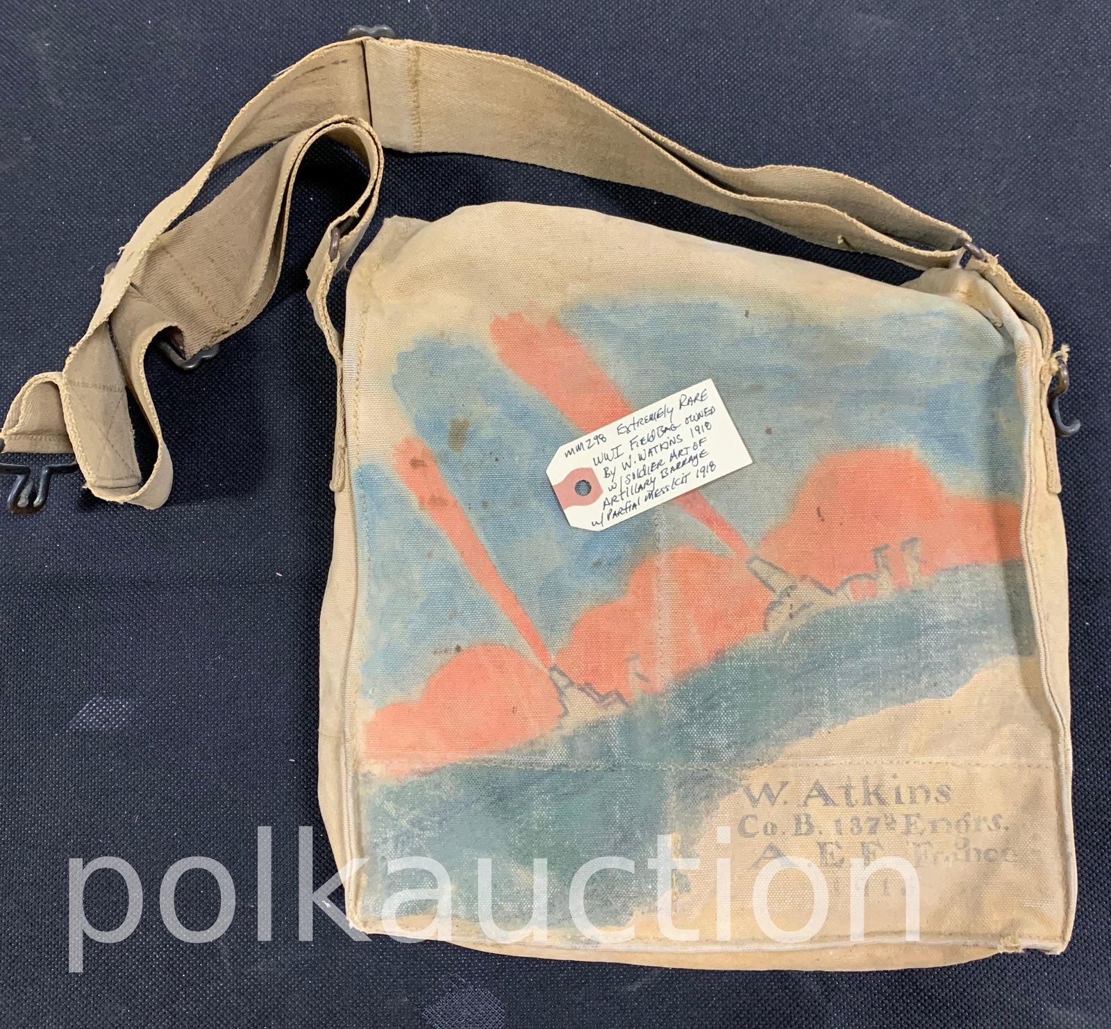 Extremely Rare World War I Field Bag: Extremely Rare World War I Field Bag - Owned by W. Watkins,1918, With Soldier Art of Artillery Barrage, Partial Mess Kit