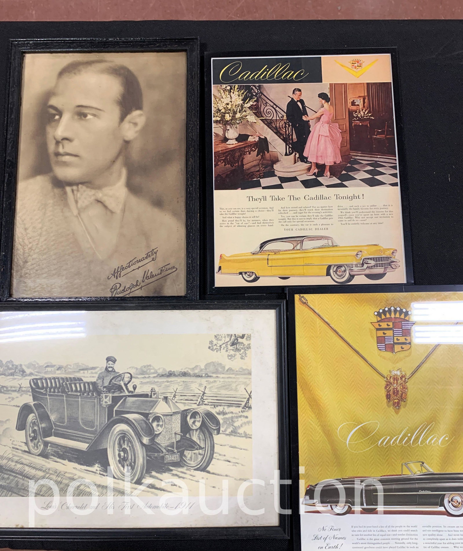 Prints and Posters: Prints and Posters - 2 Cadillac Posters, 1 Chevrolet Print, 1 Rudolph Valentino Picture