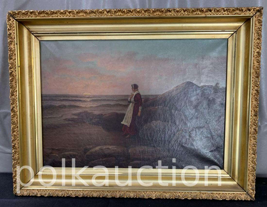 Framed Oil Painting of Maid By the Sea: Framed Oil Painting of Maid By the Sea - Unknown Artist